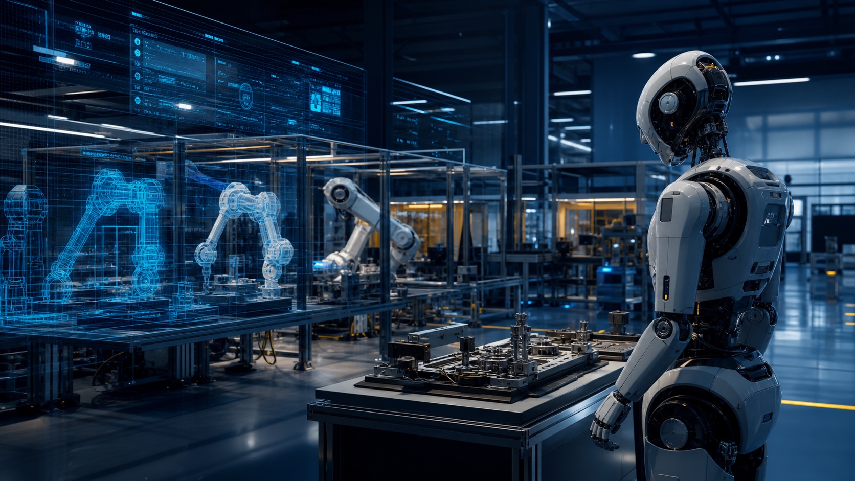 Conceito visual de robô humanoide aprendendo uma tarefa industrial